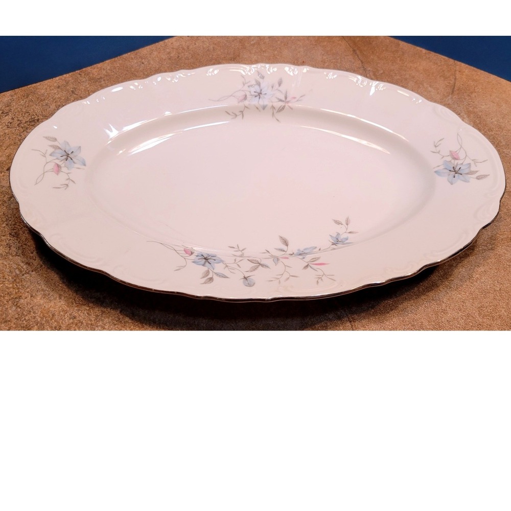 Royal Carlsbad Society China Oval Serving Platter Floral Platinum Trim 13 Inch